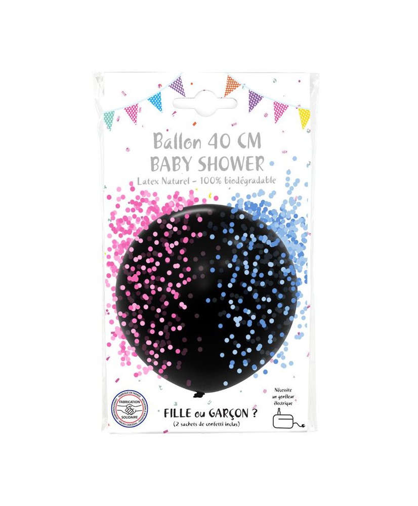 Ballon noir latex 40 cm Fille ou Garcon + 2 sachets de confettis rose et bleu