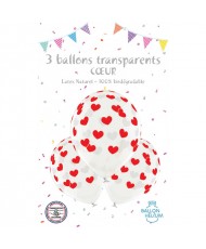 3 Ballons latex transparents COEUR 30 cm