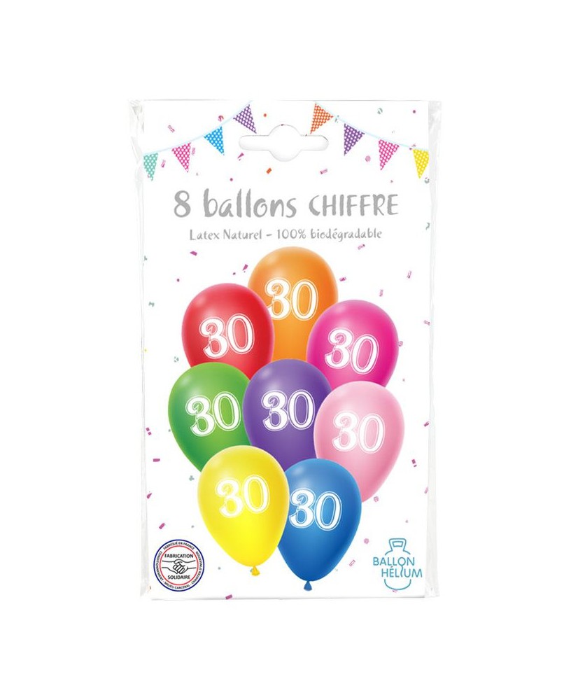 8 ballons latex 30 cm ANNIVERSAIRE 30 coloris assortis