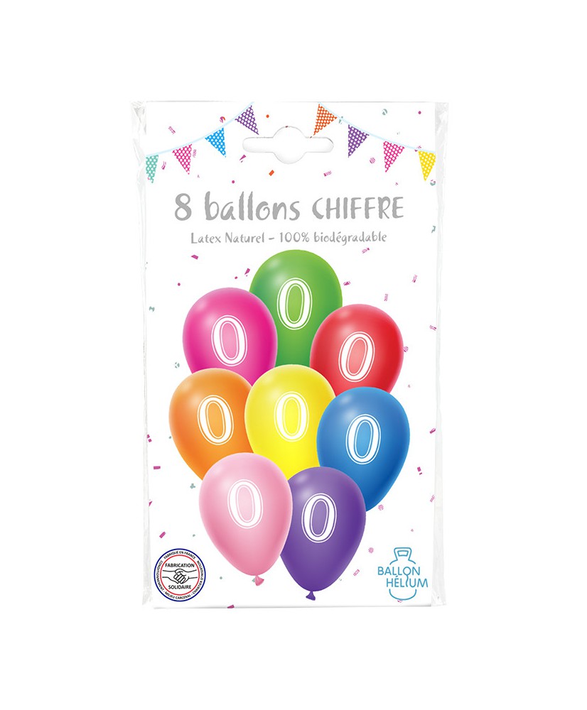 8 ballons latex 30 cm ANNIVERSAIRE 0 coloris assortis